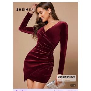 SHEIN Deep Red Velvet Long Sleeve Dress